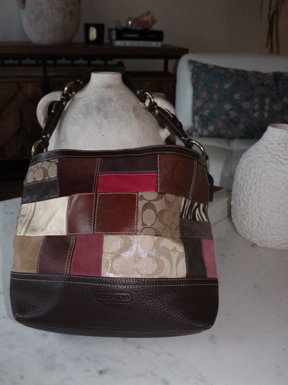 Coach Brown Patchwork Signature Canvas & Leather Shoulder Bag with Gold Hardware